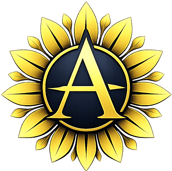 Gold letter A monogram within a circular emblem and stylized sunburst on a deep blue background